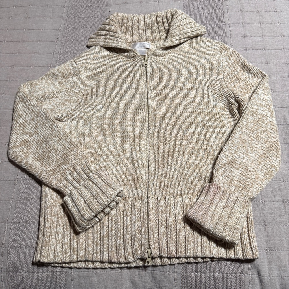 Worthington Chunky Knit Collared Full Zip Sweater Beige Ivory Women's Size S